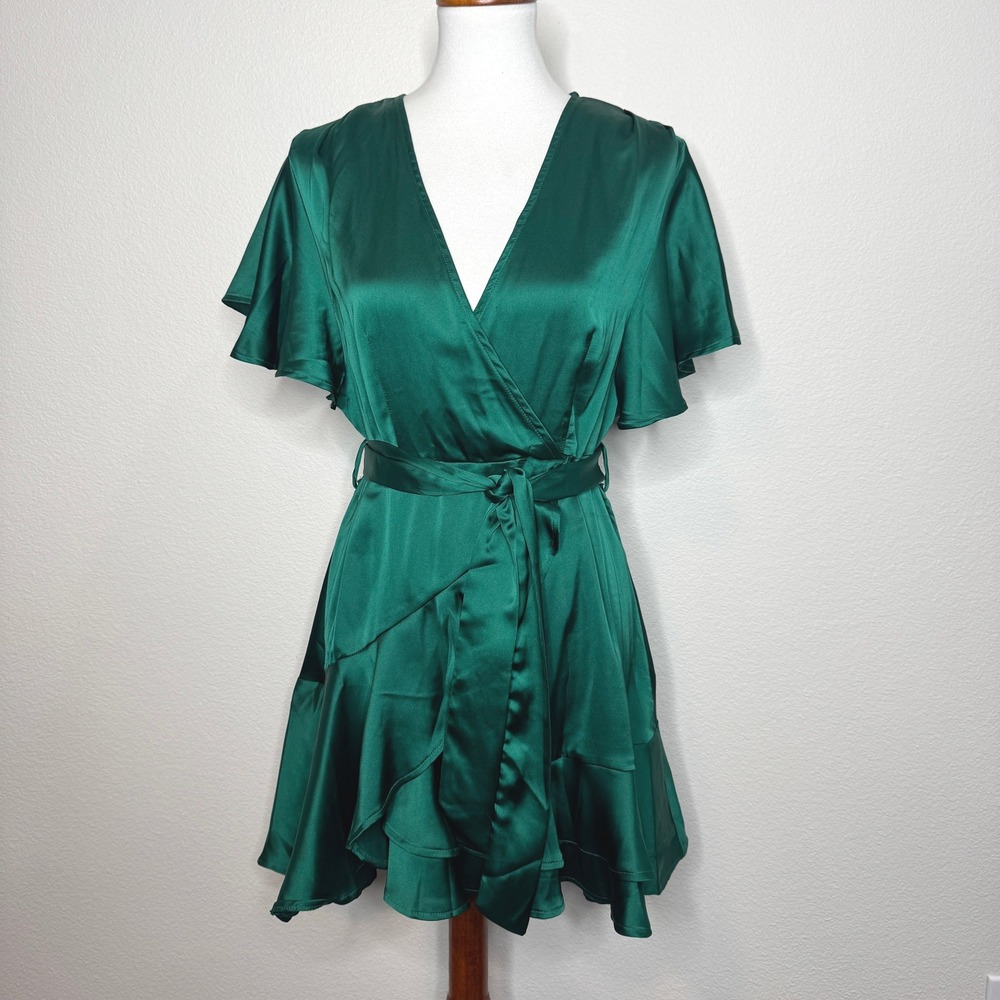 Selfie Leslie Emerald Green Satin Wrap Mini Dress